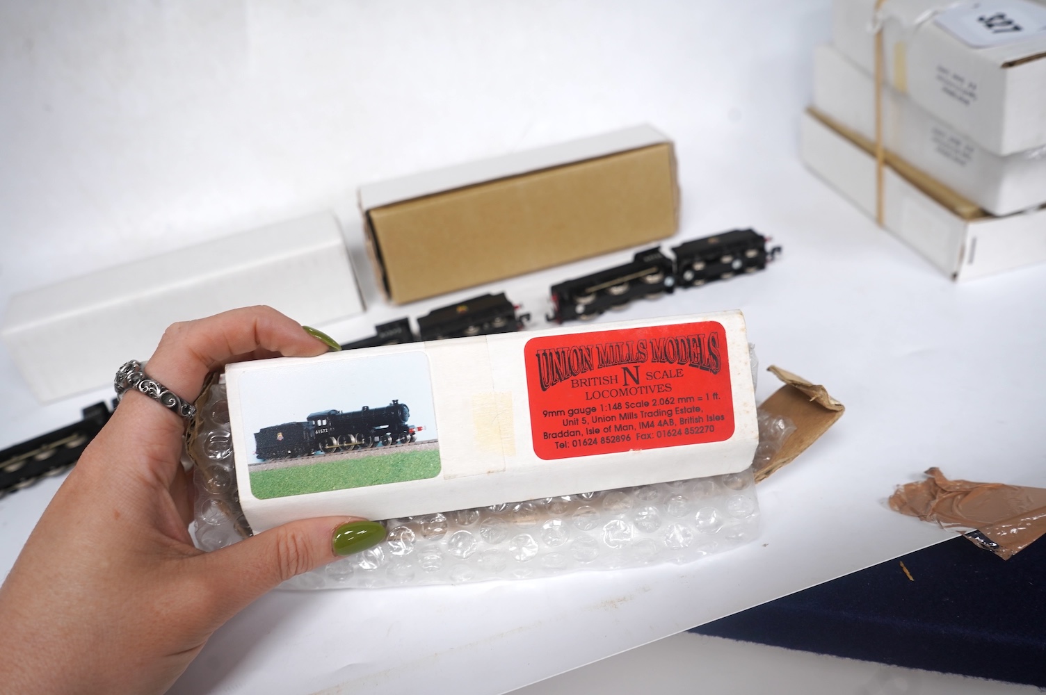 Three boxed Union Mills Models N gauge railway BR locomotives; a Class B12/3, 61572, a Class J39, 64736, and a Class Q2, 63344. Condition - good.